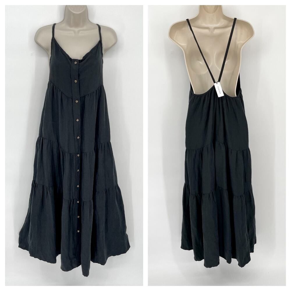 Anemos NEW The Flounce Tiered Button-Down Midi Dress Linen Blend Sz L Black $435
